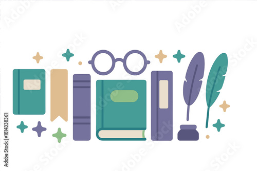 Literary composition featuring various books, round reading glasses, quill feathers, and an inkwell