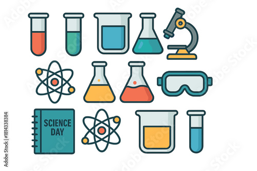 Colorful collection of scientific laboratory equipment and chemistry research symbols