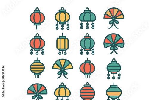 Seamless repeating pattern featuring traditional Asian lanterns and folding fans