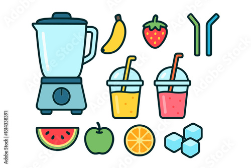 Colorful icons set featuring a kitchen blender, fresh fruits, ice, and prepared smoothies