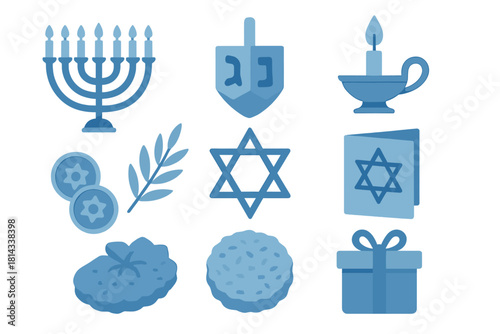 Jewish Hanukkah holiday symbols set including menorah dreidel Star of David and festive food items