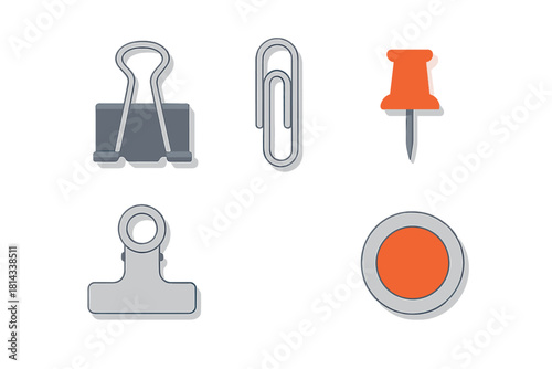 Common office supplies including binder clip, paper clip, push pin, and magnet