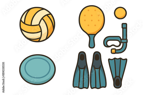 Set of summer beach and water recreation gear including volleyball, diving fins, snorkel, and paddle