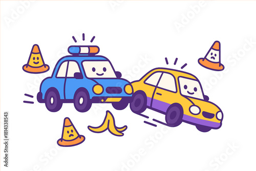 Humorous cartoon depiction of a minor car collision between police and yellow sedan