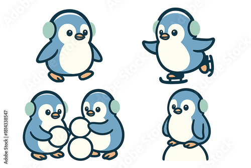 Adorable cartoon baby penguins wearing earmuffs engaging in various winter activities
