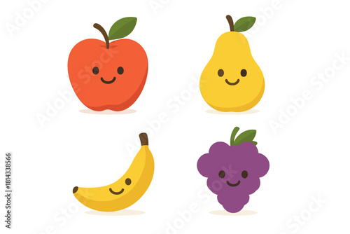 Set of cute cartoon fruit characters including apple, pear, banana, and grapes smiling