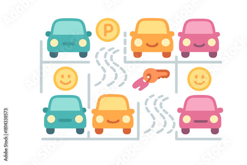 Colorful cartoon cars parked in designated spaces with payment and key icons symbolizing vehicle ownership and parking services