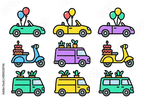 Brightly colored cartoon vehicles carrying party balloons, birthday cakes, and potted plants