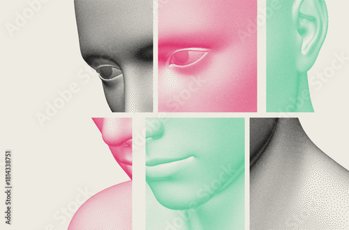 The face is made up of displaced mosaic pieces. Abstract digital human head. Psychology. The concept of personality disintegration. Illustration for brochure, poster, cover, presentation or flyer.