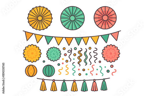 Colorful collection of festive party decorations including paper fans bunting flags and streamers
