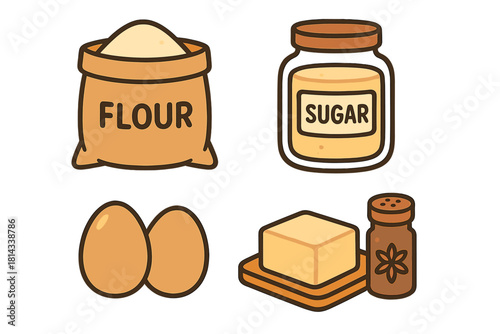 Essential cooking and baking ingredients including flour, sugar, eggs, butter, and spices