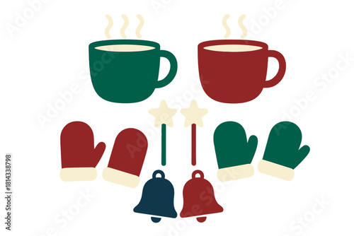 Cozy winter holiday elements set featuring steaming mugs mittens bells and star wands