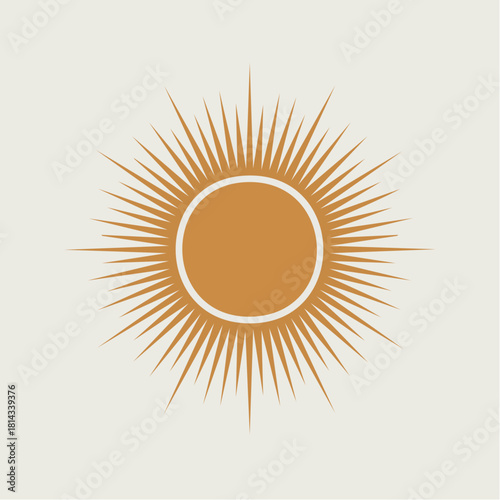 A minimalist illustration of a radiant sun with sharp, elongated rays in a warm earthy tone.