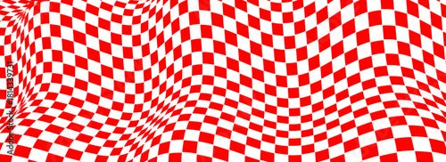 Trippy checkerboard background. Retro psychedelic checkered wallpaper. Wavy groovy chessboard surface. Distorted geometric grid chess pattern. Abstract red and white race flag backdrop. Eps10