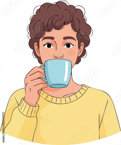 Person Enjoying a Hot Drink from a Blue Mug.