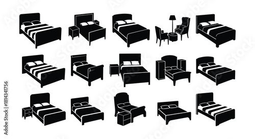 Black silhouette icons depicting various bed and furniture arrangements