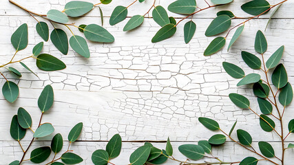 Eucalyptus Branches on Rustic White Wooden Background – Flat Lay with Copy Space.