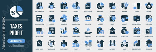 Taxes and profit fill icon collection. Set of accounting, payment, report, invoice, savings, budget, and finance icons. Created in colored style with balanced blue palette