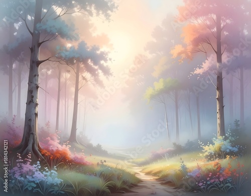 Enchanted forest pathway with ethereal light and pastel trees creating a dreamy atmosphere
