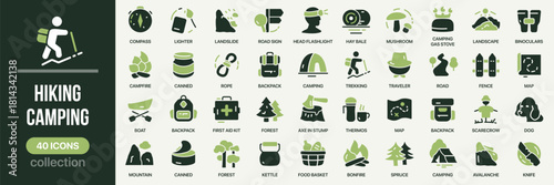 Hiking and camping fill icon collection. Set of travel, backpack, campfire, and outdoor icons. Created in colored style with green palette