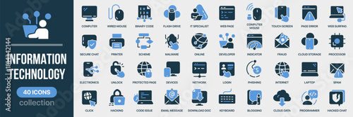 Information technology fill icon collection. Includes computer, data, internet, hardware, and digital communication icons. Created in colored style with blue palette