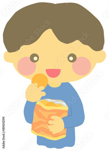 スナック菓子を食べる子どものイラスト ベクター素材