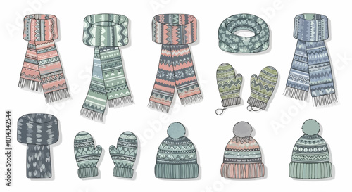 Illustration of winter apparel featuring scarves, mittens, and hats with various patterns and designs