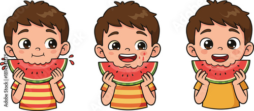 Cartoon child eating watermelon, summer fruit illustration, juicy snack moment, happy kid, messy face, playful eating, vector art, seasonal clipart, childhood joy, food fun