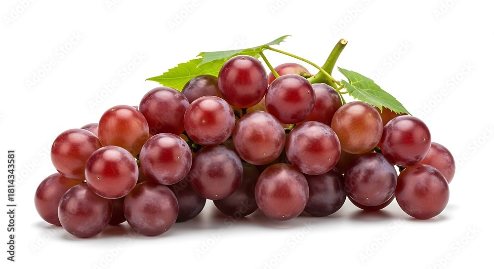 Fototapeta premium Ripe red grapes with green leaves on a white background.