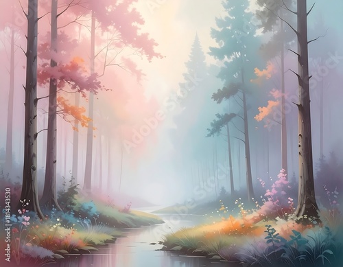 Ethereal Forest Landscape with River and Colorful Trees, Painted in Dreamy Hues