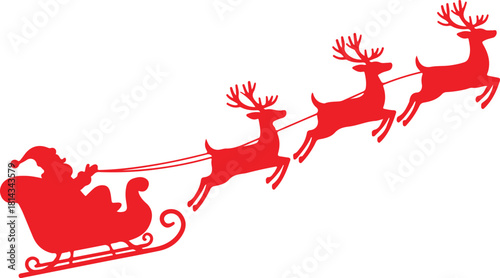 Red Silhouette of Santa Claus Riding in a Sleigh Pulled by Reindeer - Vector Christmas Holiday Illustration, Festive Design Element, Isolated Icon