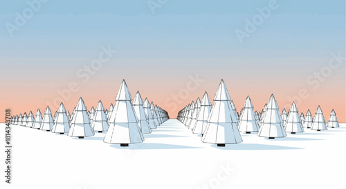 A winter landscape with rows of snow covered pine trees under a gradient sky at dusk or dawn scene