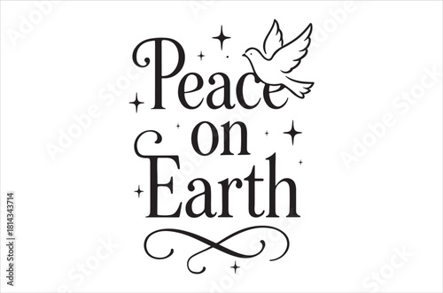 A simple illustration of the words peace on earth with a dove