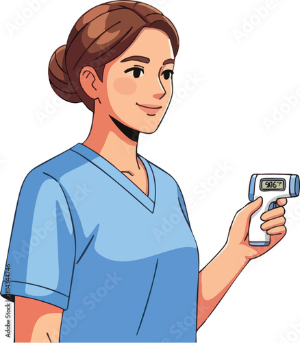 Nurse holding a digital thermometer for temperature check.
