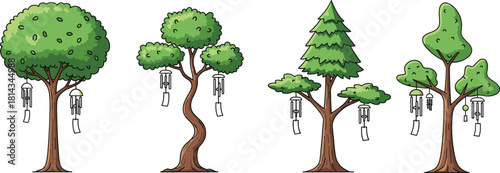 Cartoon illustration of different tree types decorated with hanging wind chimes, creative peaceful nature concept vector artwork for meditation design