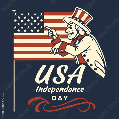 USA Independence Day Celebration: Vintage Style Poster Illustration Featuring Uncle Sam Pointing, Set Against the American Flag and Text for the Fourth of July Holiday