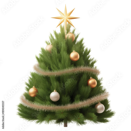 Classic Festive Christmas Tree with Bright Star Topper and Sparse Decorations, Front View, Transparent Background