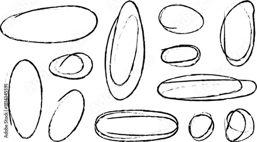 Hand drawn crayon ovals and circles. Ellipses pencil doodle style set. Red round rough thin frames. Round freehand shapes, emphasis highlights. Vector elements for hand drawn diagrams