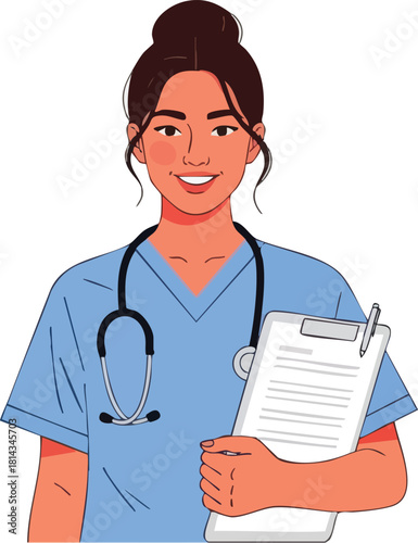 Smiling nurse holding clipboard and pen ready for patient care and medical assistance.