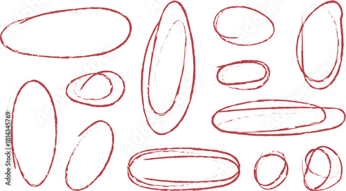 Hand drawn red crayon ovals and circles. Ellipses pencil doodle style set. Red round rough thin frames. Round freehand shapes, emphasis highlights. 