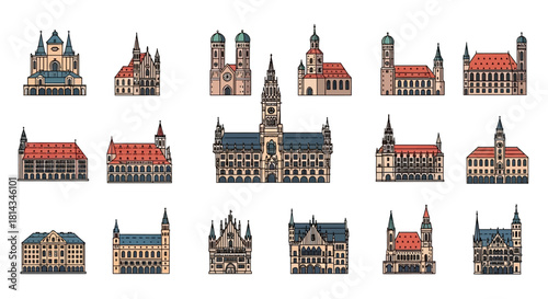 Vector illustration bundle of a woman riding a bicycle with city buildings and various cycling-related icons.