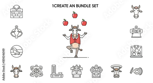 Vector illustration bundle of a woman riding a bicycle with city buildings and various cycling-related icons.