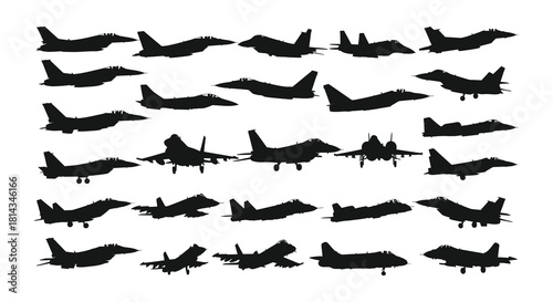 Collection of military fighter jet silhouettes against a plain white background