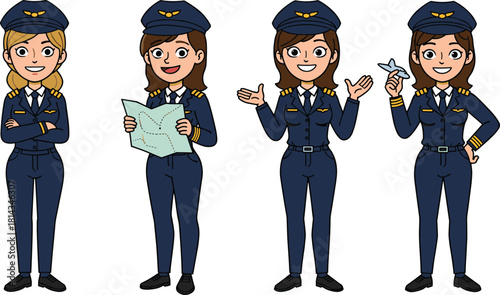 Cartoon illustration of diverse female pilots in professional uniform with aviation hats, airplane toy, map, and gesture expressions standing together