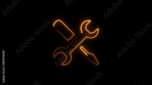 Glowing neon line setting icon with spinning gears icon animated. Abstract Neon glowing line screwdriver and Crossed icon animation,Glowing neon line Wrench and screwdriver crossed, repair tools icon 