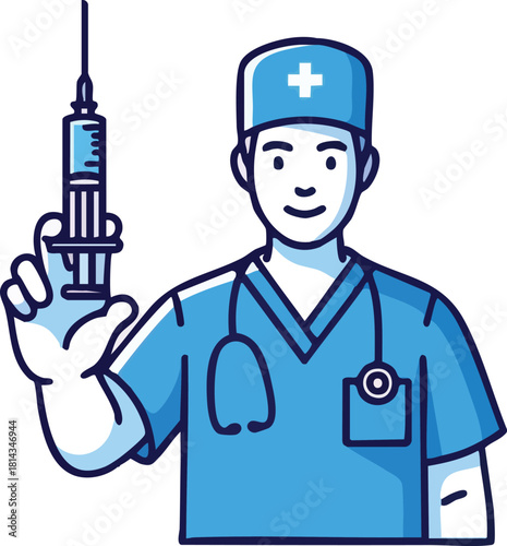 Cartoon Doctor Holding Syringe Ready for Vaccination.