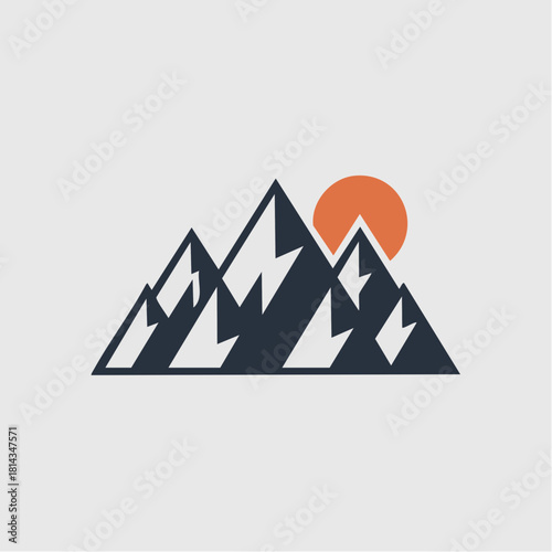 Stylized graphic illustration of dark mountains with white peaks and an orange sun in a minimalist design.