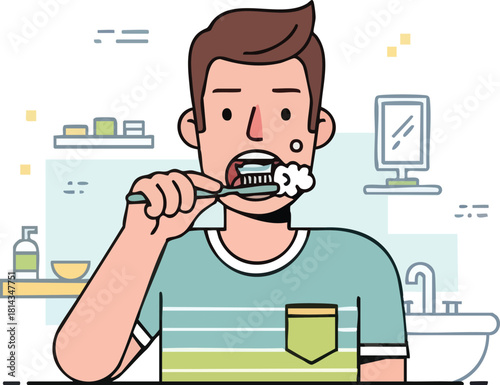 Man Brushing Teeth in Bathroom with Toothpaste and Toothbrush.