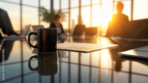 A coffee mug on a reflective table with a sunset view in an office.