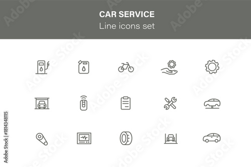 Car service icon set. Collection various signs with editable stroke on white background. Auto service, auto repair icon set. Car service, garage and fuel station.